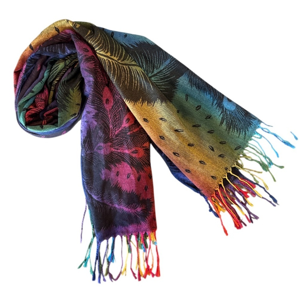 Peacock Feather Rainbow Pashmina Shawl Wrap Scarf Fringe Size OS - Picture 4 of 11